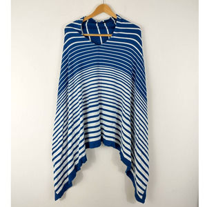 Saks Fifth Avenue Blue White Striped Cotton Blend Poncho Sweater OS One Size